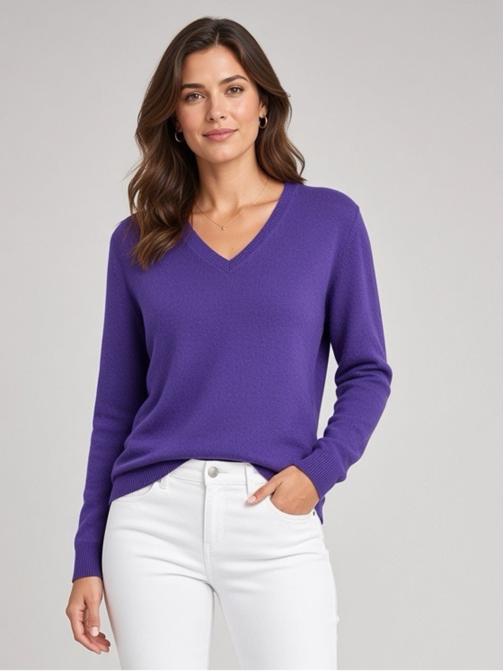 Lands' End Cashmere Sweater Soft Knit Purple V-neck Pullover Classic Fit Medium